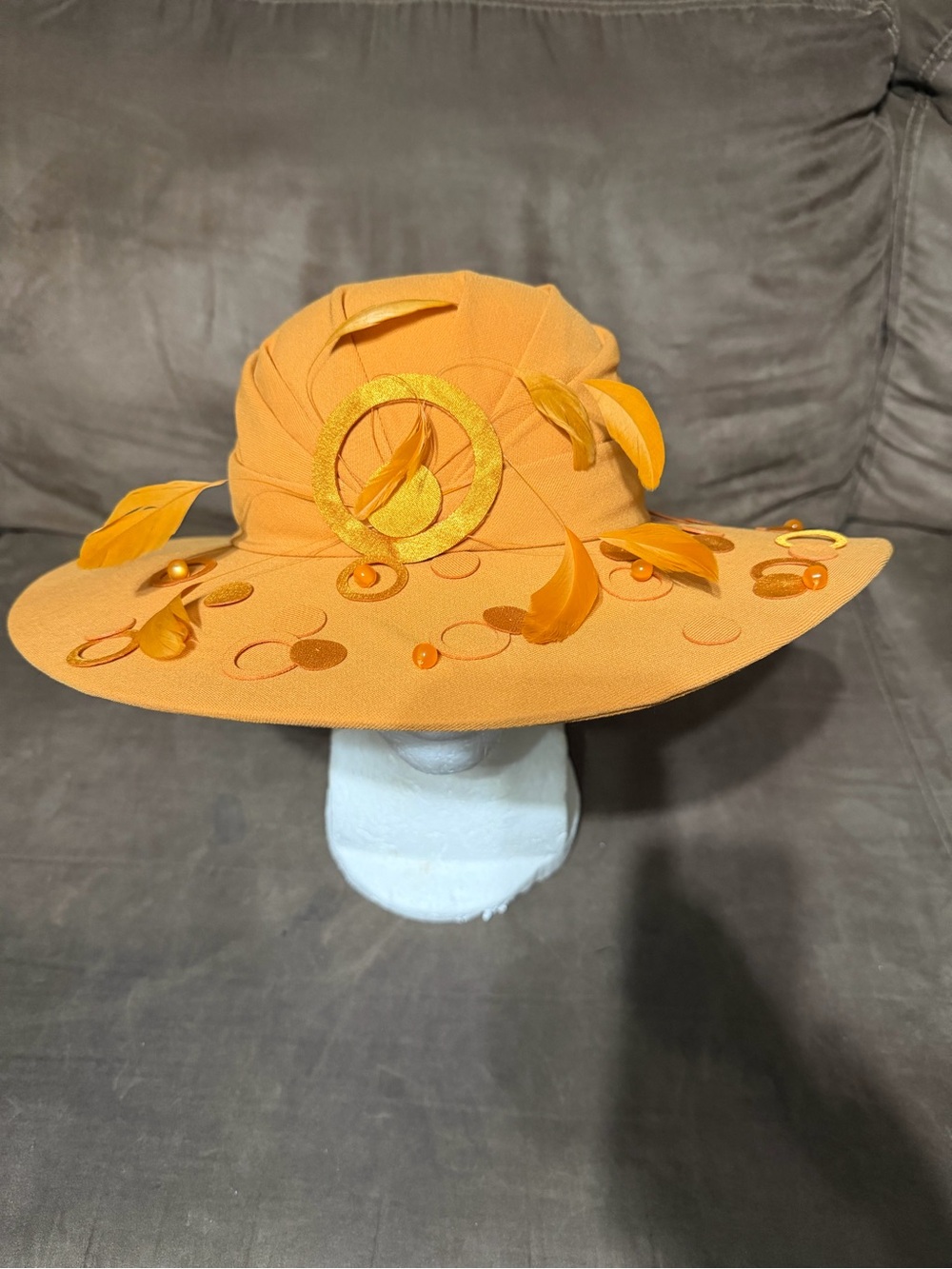Milano Women’s Orange Wide-Brim Feathered Church Dress Hat